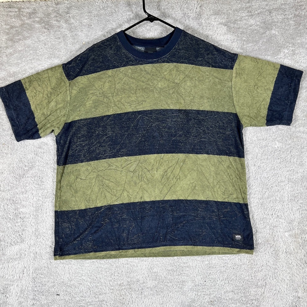 Vans T-Shirt Mens XL Green Navy Blue Striped Terry Cloth Loose Fit Short Sleeve